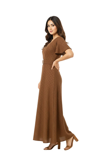V-neck Brown Long Dress