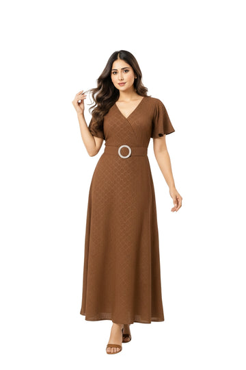 V-neck Brown Long Dress