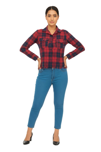 Bottom Ripped Red & Blue Tartan Shirt