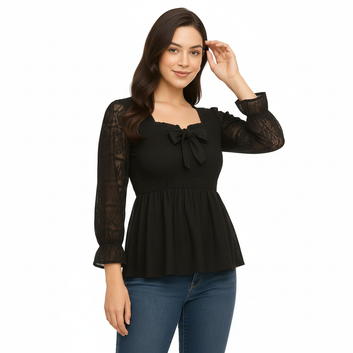 Black Bow-Neck Peplum Top