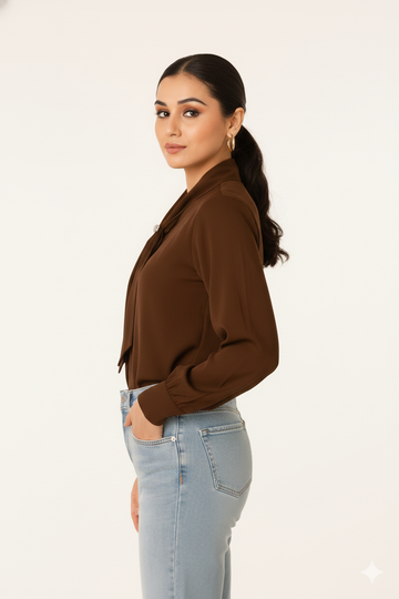 Mocha Tie-Neck Blouse Top