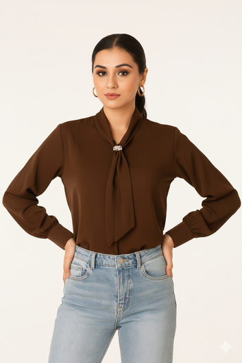 Mocha Tie-Neck Blouse Top